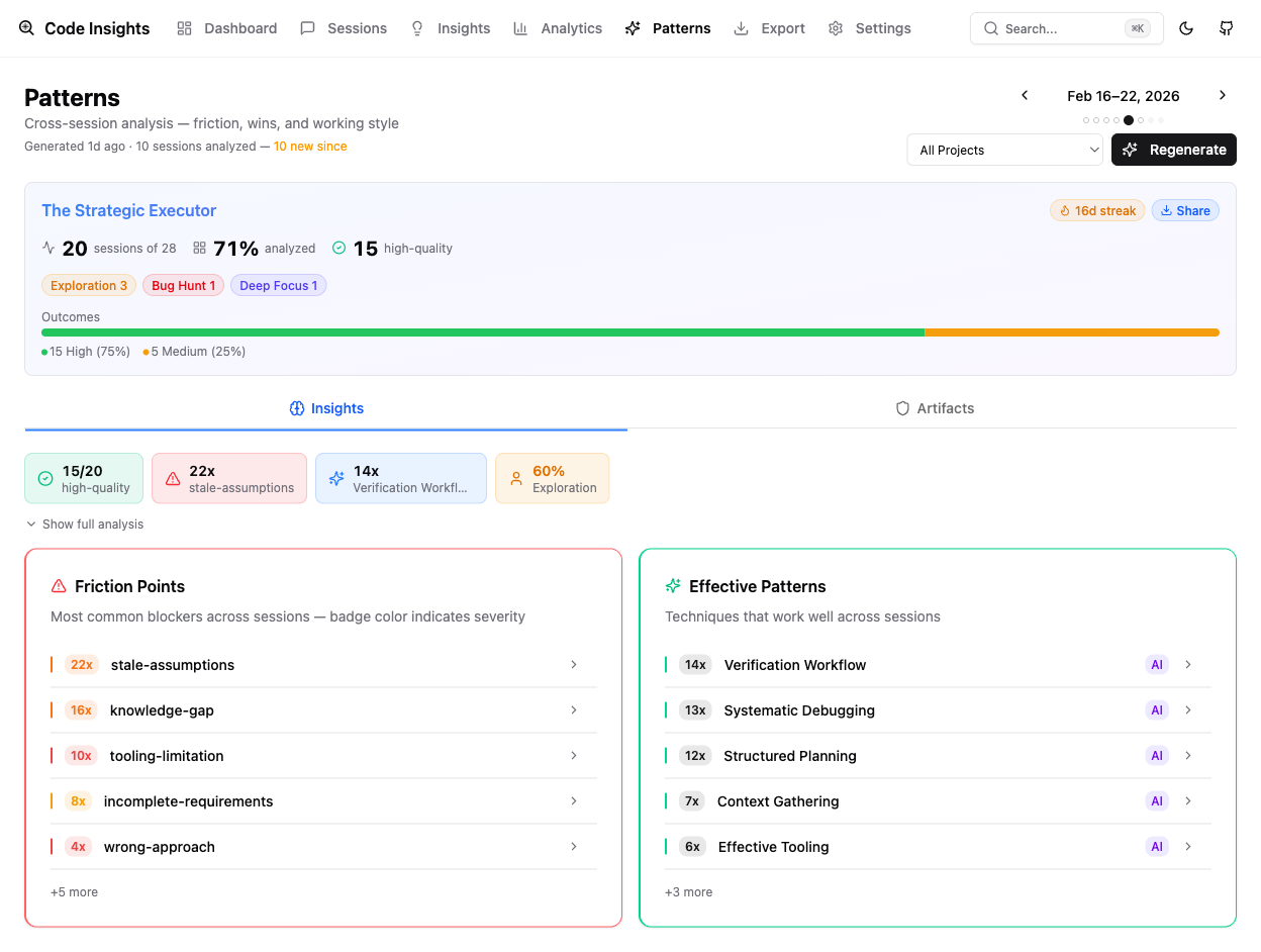 Code Insights patterns view — friction points and effective patterns