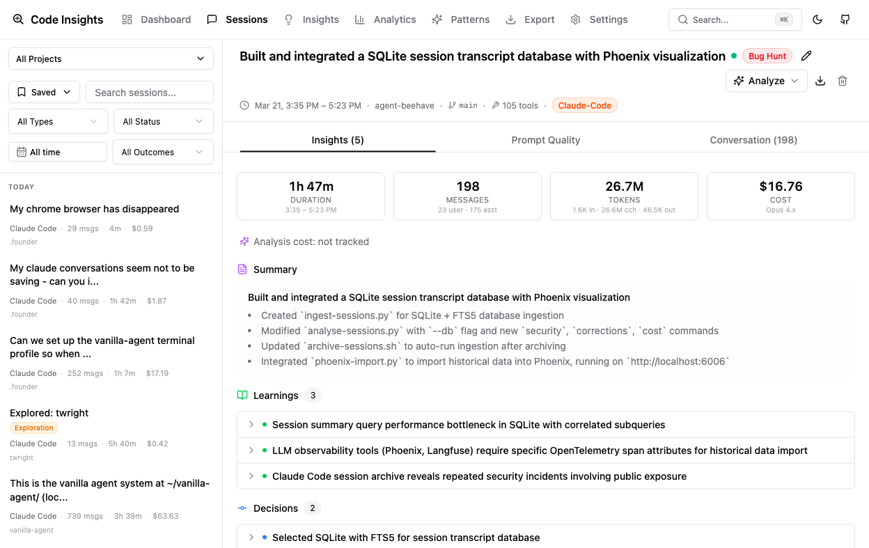 How code-insights breaks down a single session into insights