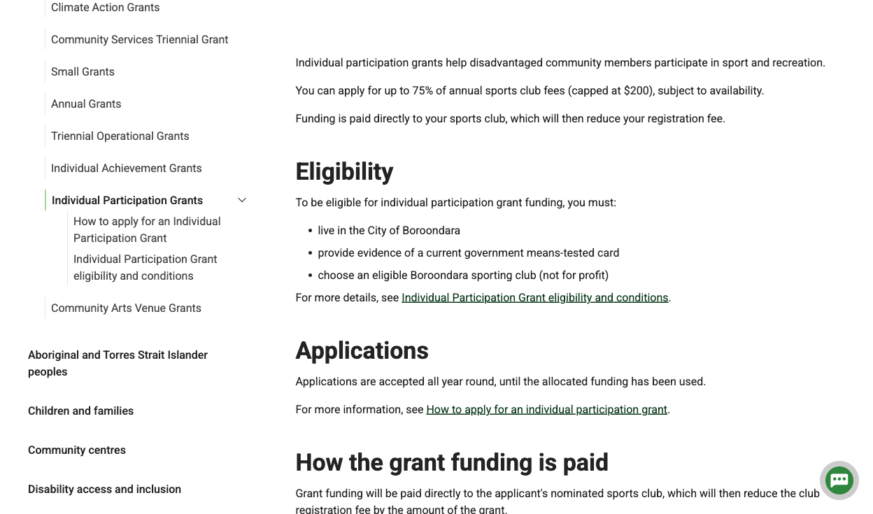 Boroondara Individual Participation Grants page rendered in a browser